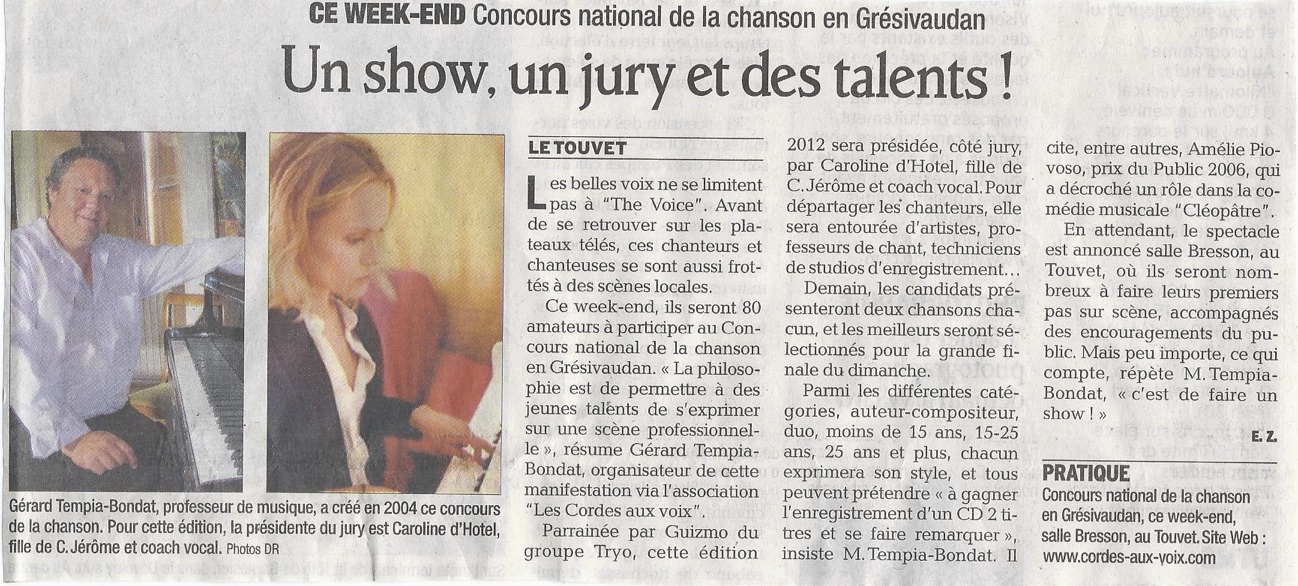 Article du Dauphiné Libéré à propos du concours de chant France Cordes-Aux-Voix 2012 avant le concours de chant